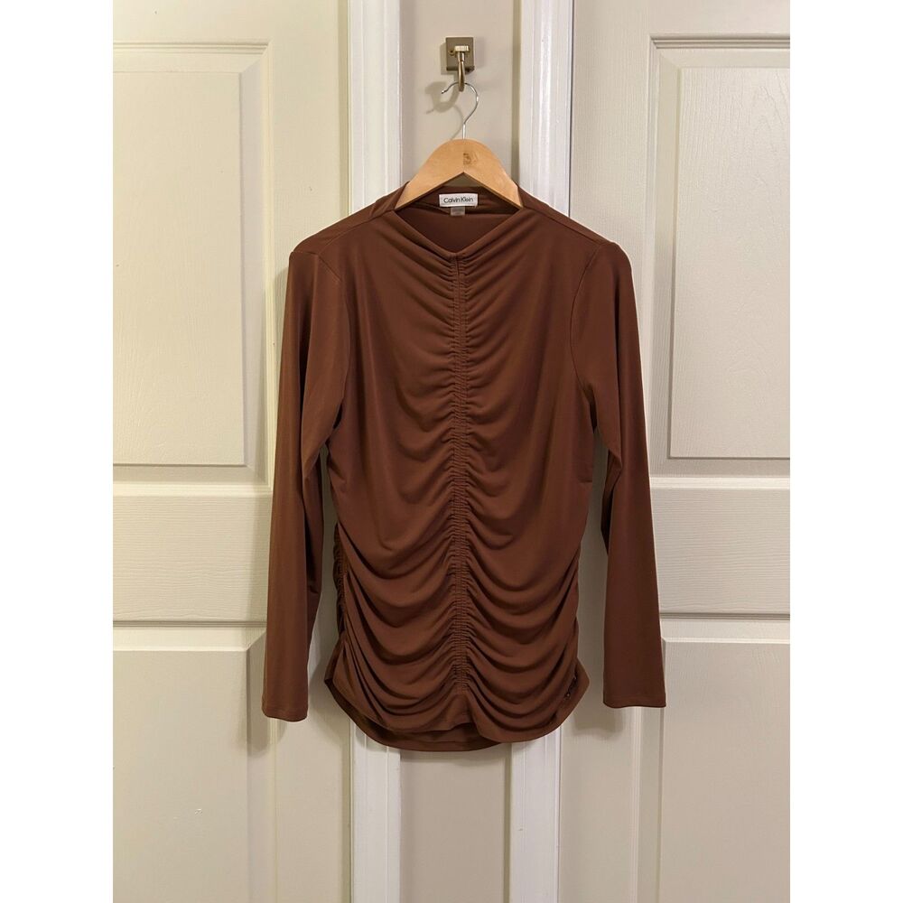 Calvin Klein Brown Ruched Front Long Sleeve Top - Size Large
